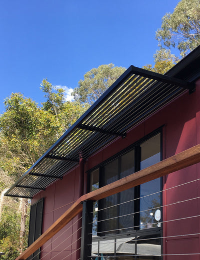 Long louvre outdoor window awning in black