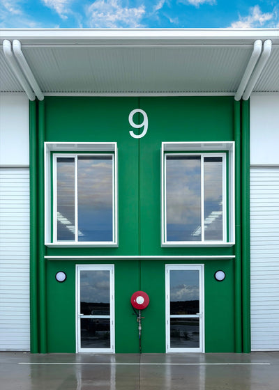 Pearl White Window Boxes and Window Shroud on Green Factory